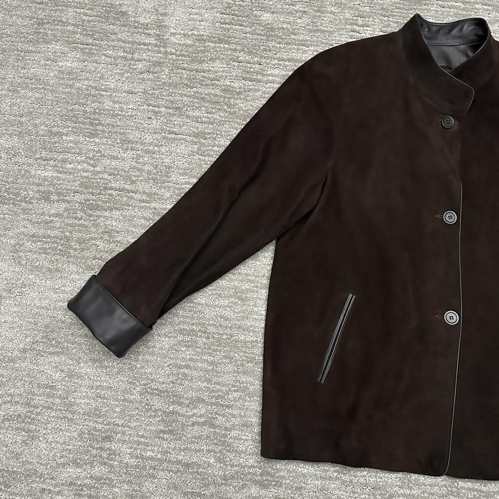 Overland Jacket Womens 8 Brown Suede Leather Trim Button Front Lined Collared - Picture 3 of 14